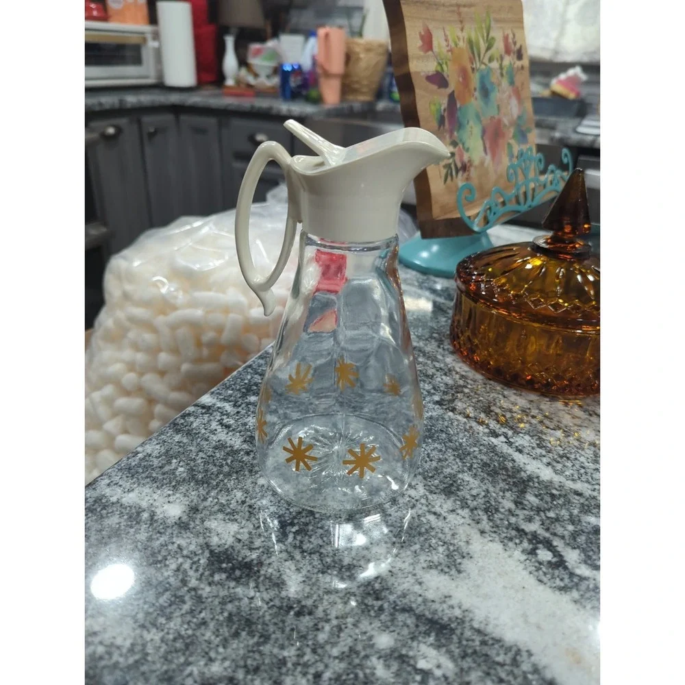 Vintage Log Cabin Syrup Pitcher Dispenser Atomic Gold Starburst MCM Glass Stars